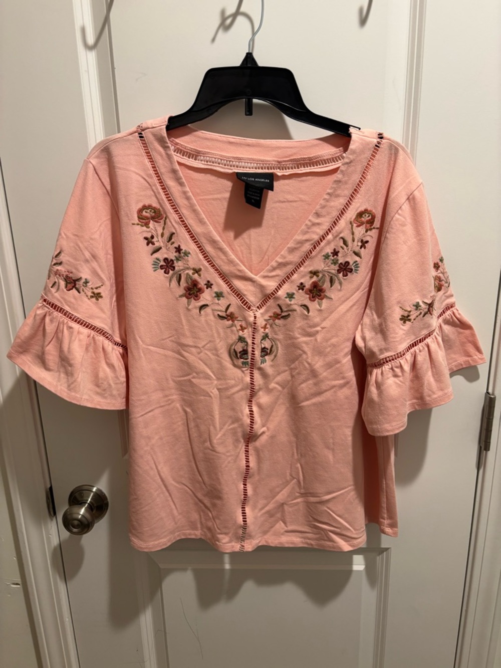 Embroidered V-Neck Ruffle Sleeve Blouse